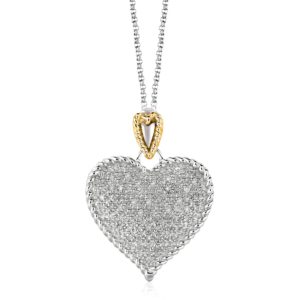 Designer Sterling Silver and 14k Yellow Gold Heart Shape Pave Diamond Pendant