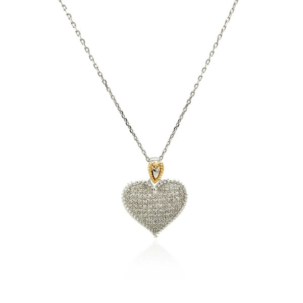 Designer Sterling Silver and 14k Yellow Gold Heart Shape Pave Diamond Pendant