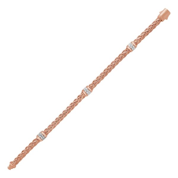 Polished Woven Rope Bracelet with Diamond Accents in 14k Rose Gold