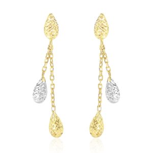 14k Two-Tone Gold Double Row Chain Earrings with Diamond Cut Teardrops