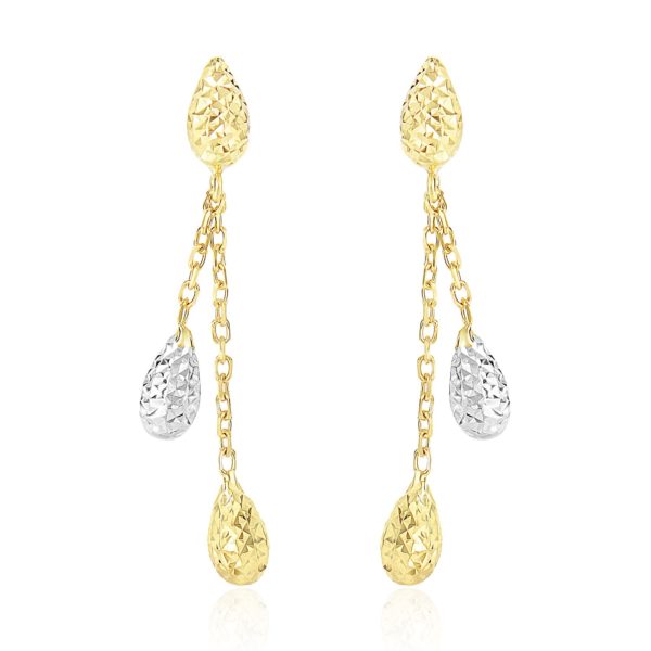 14k Two-Tone Gold Double Row Chain Earrings with Diamond Cut Teardrops