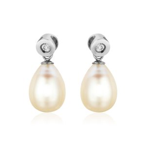 Sterling Silver Earrings with Pear Shaped Freshwater Pearls and Cubic Zirconias