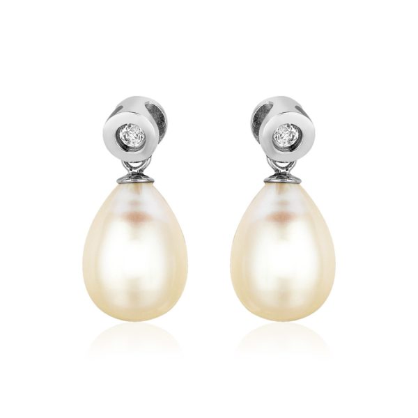 Sterling Silver Earrings with Pear Shaped Freshwater Pearls and Cubic Zirconias