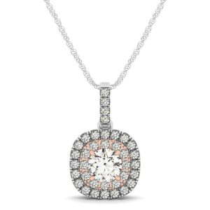 14k White And Rose Gold Cushion Shape Halo Diamond Pendant (1/2 cttw)