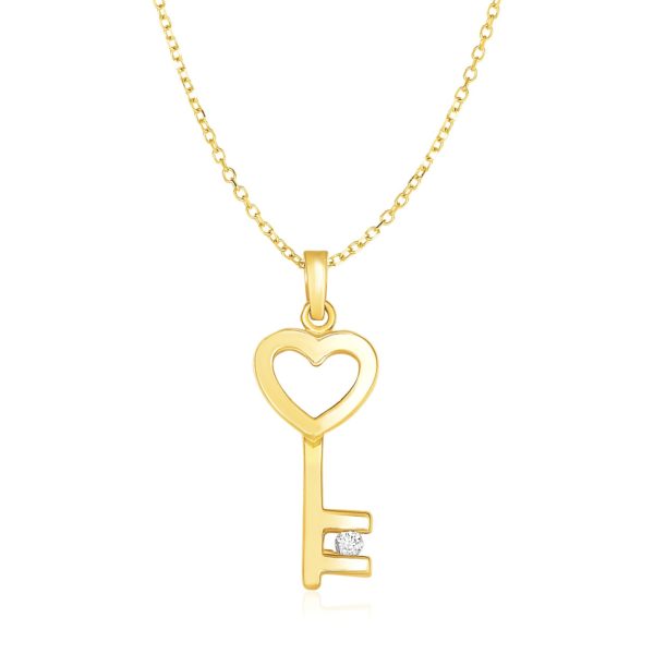 14k Yellow Gold Necklace with Gold and Diamond Heart Key Pendant