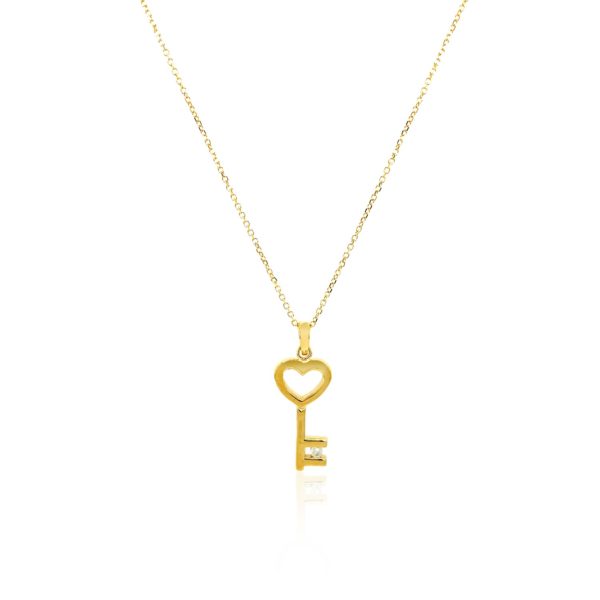 14k Yellow Gold Necklace with Gold and Diamond Heart Key Pendant