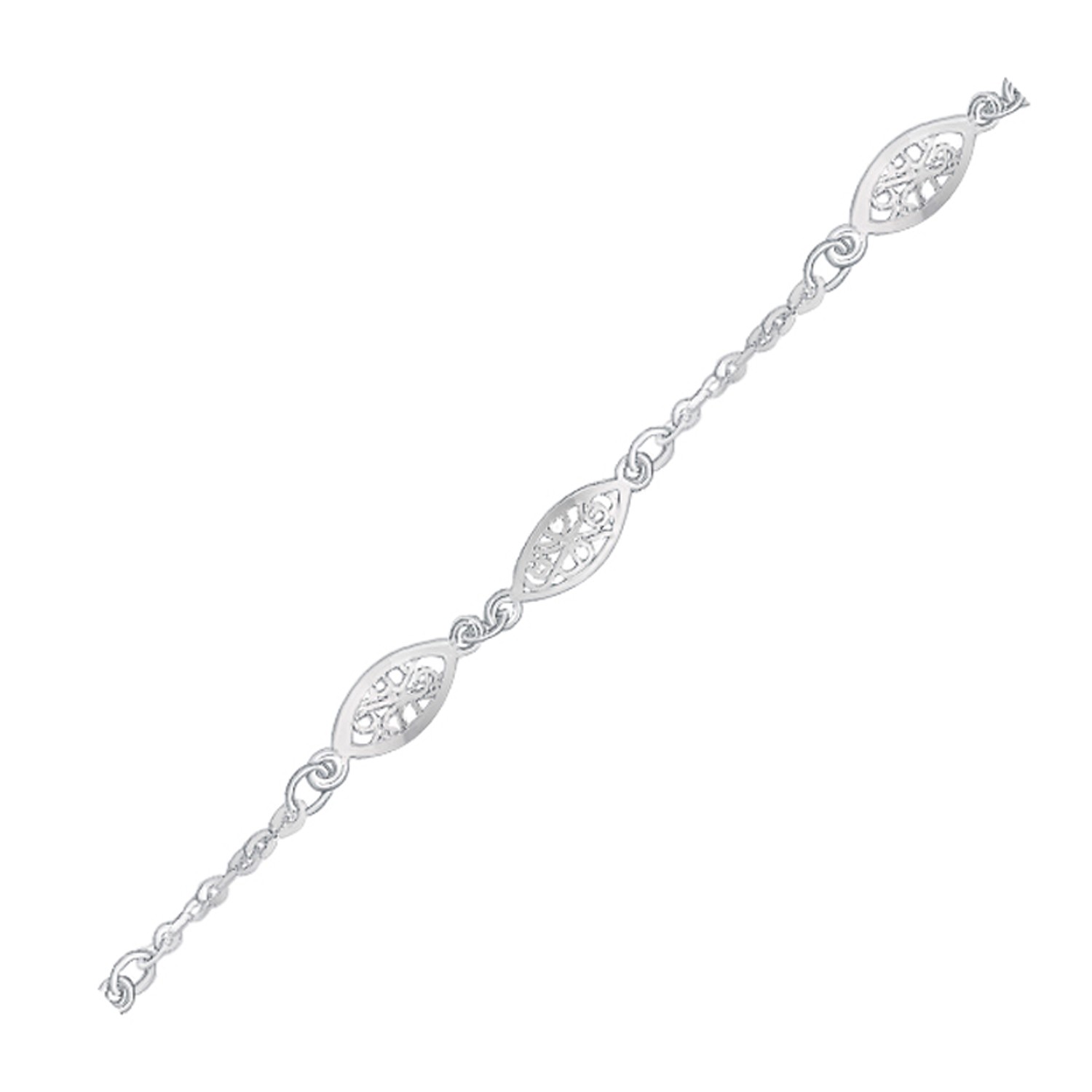 14k White Gold Filigree Marquise Stationed Anklet