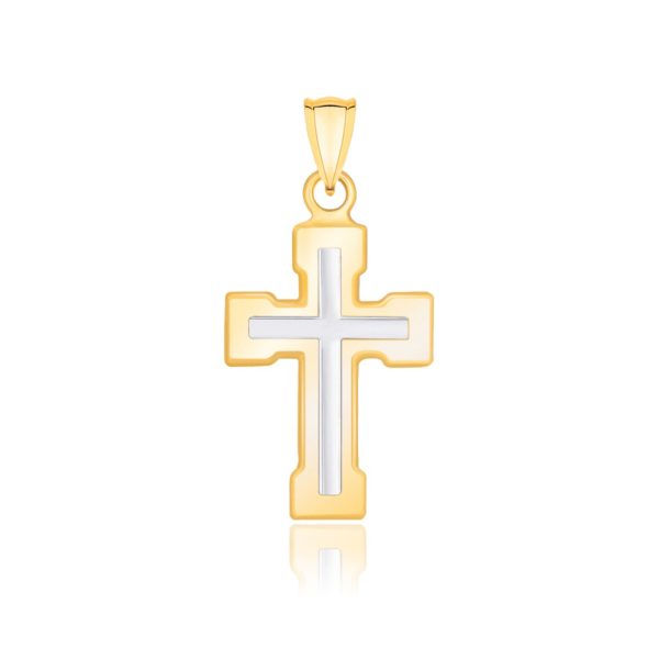 14k Two-Tone Gold Dual Cross Design Pendant with Block Ends