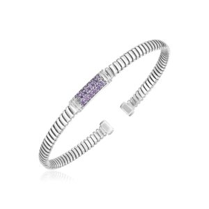 Sterling Silver Cuff Bangle with Lavender Cubic Zirconias