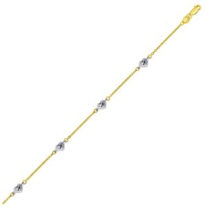 14k Two Tone Gold Anklet with Diamond Cut Heart Style Stations