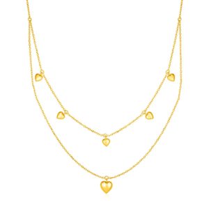 14k Yellow Gold Two Strand Necklace with Puffed Heart Drops