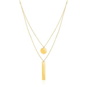 14k Yellow Gold 18 inch Two Strand Necklace with Circle and Bar Pendants