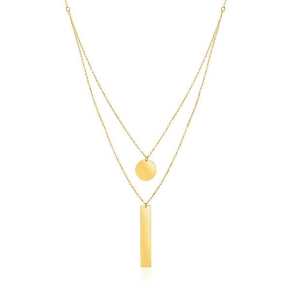 14k Yellow Gold 18 inch Two Strand Necklace with Circle and Bar Pendants