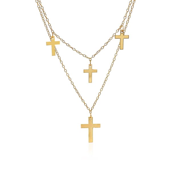 14k Yellow Gold 18 inch Two Strand Necklace with Crosses