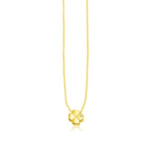 14k Yellow Gold Polished Four Leaf Clover Necklace with Diamond