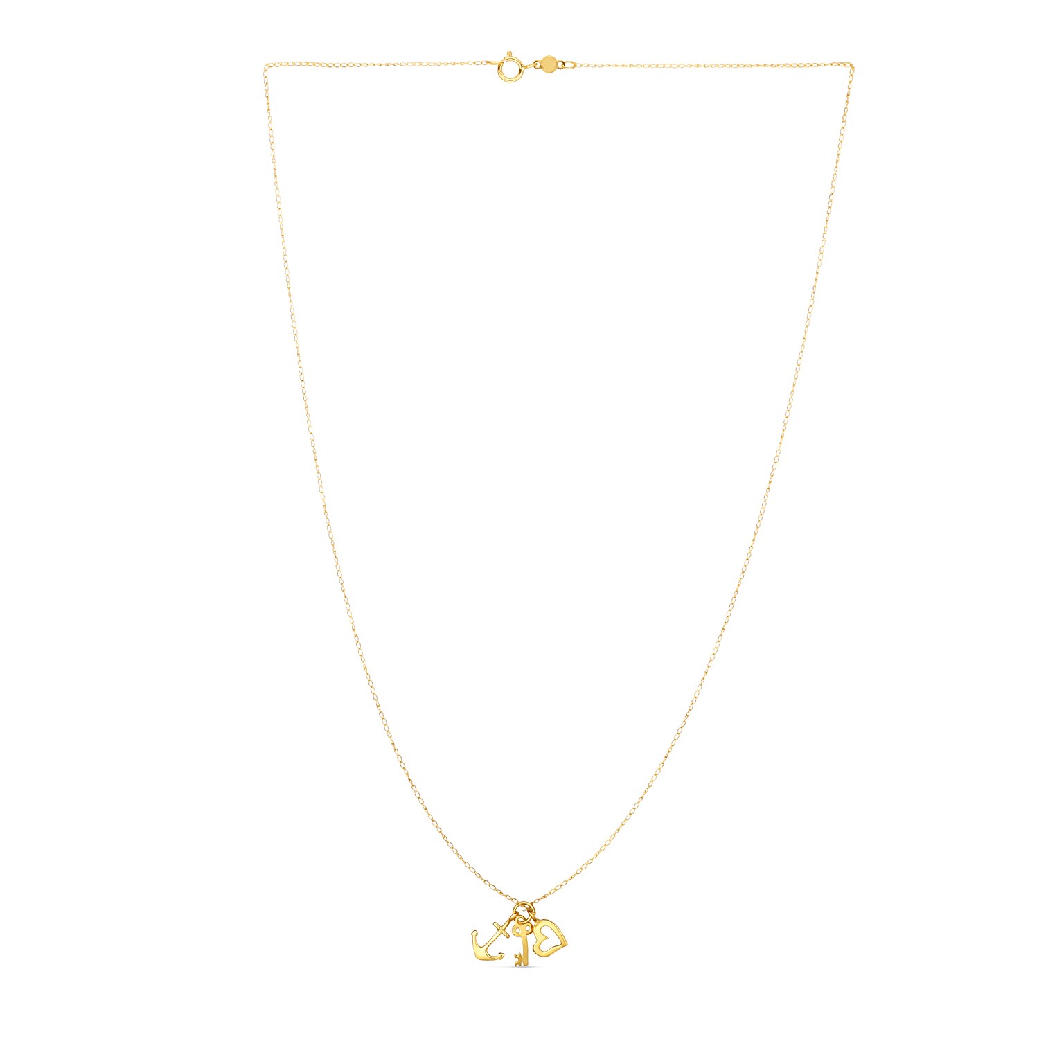 14k Yellow Gold Anchor Heart and Skeleton Key Cluster Charm Necklace