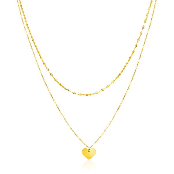 14k Yellow Gold 18 inch Two Strand Necklace with Heart Pendant