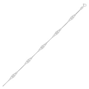 14k White Gold Anklet with Fancy Diamond Shape Filigree Stations