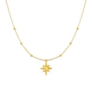 14k Yellow Gold Necklace with Eight Pointed Star and Beads