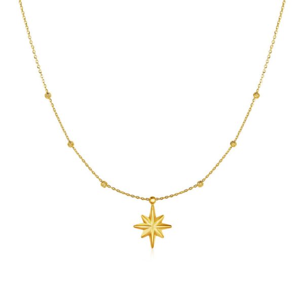 14k Yellow Gold Necklace with Eight Pointed Star and Beads