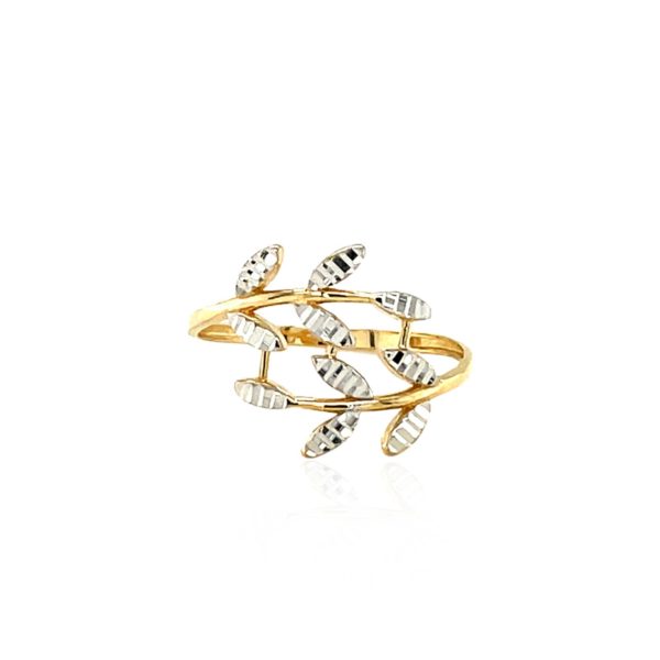 14k Two Tone Gold Crossover Ring with Textured Leaves