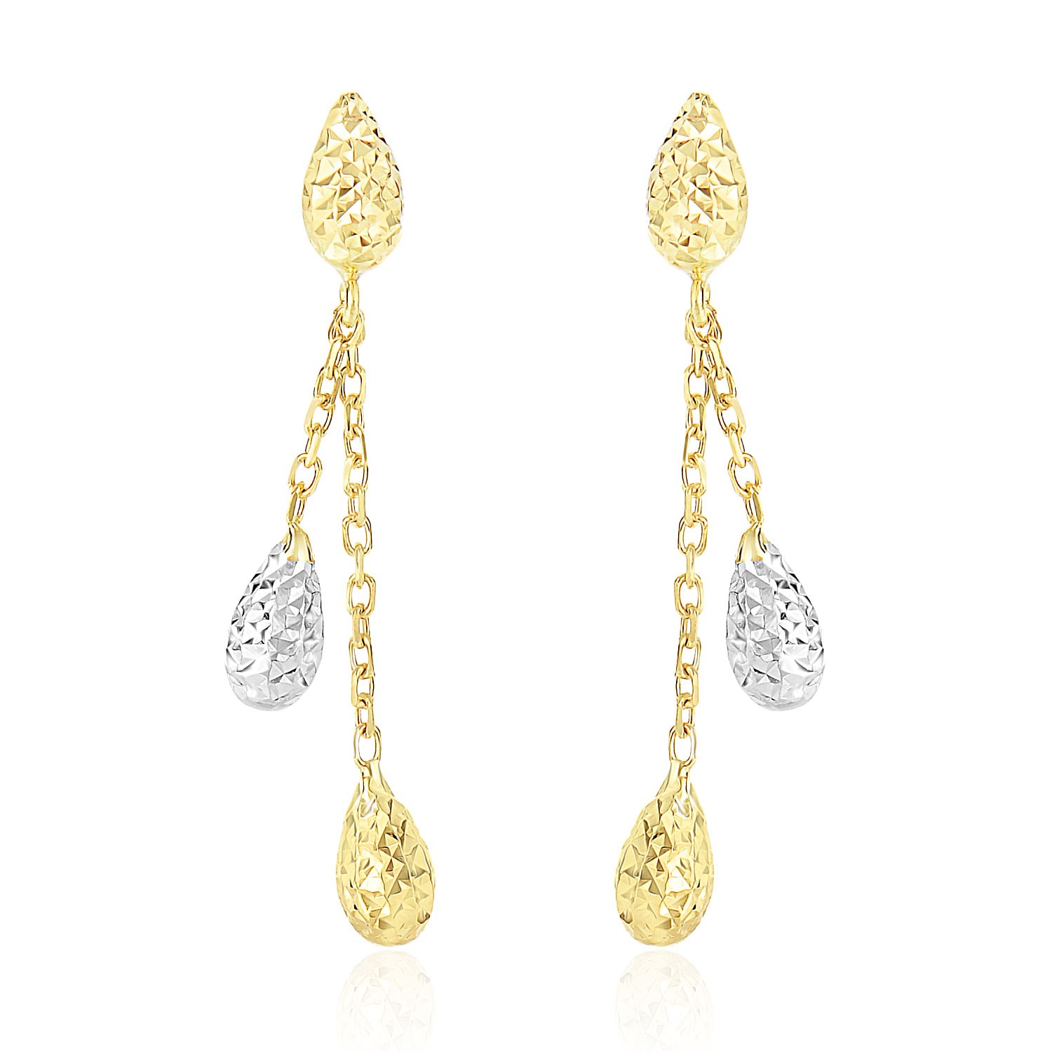 14k Two-Tone Gold Double Row Chain Earrings with Diamond Cut Teardrops