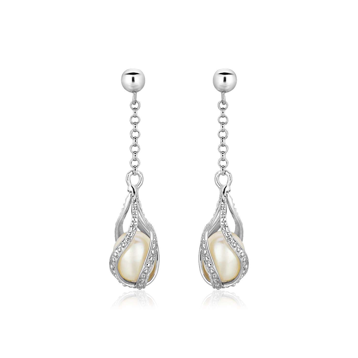 Sterling Silver Twisted Cage Style Earrings with Freshwater Pearls