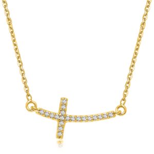 14k Yellow Gold Diamond Accented Curved Cross Necklace (.11cttw)