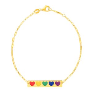 14k Yellow Gold 7 inch Bar Bracelet with Rainbow Enamel Hearts