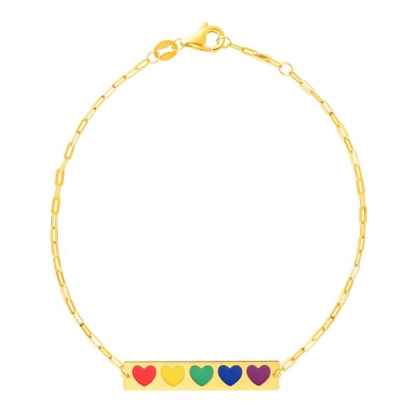 14k Yellow Gold 7 inch Bar Bracelet with Rainbow Enamel Hearts