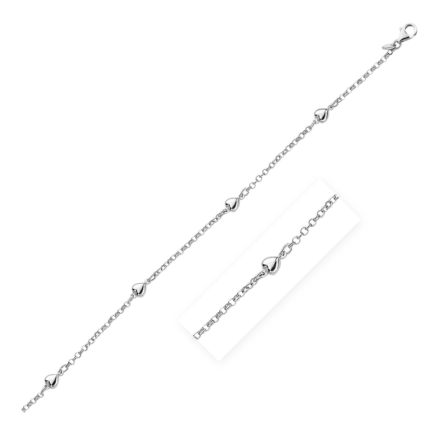 Sterling Silver Chain Anklet with Polished Hearts