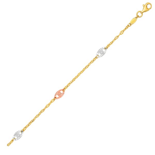 14k Three-Toned Yellow White and Rose Gold Anklet with Textured Ovals