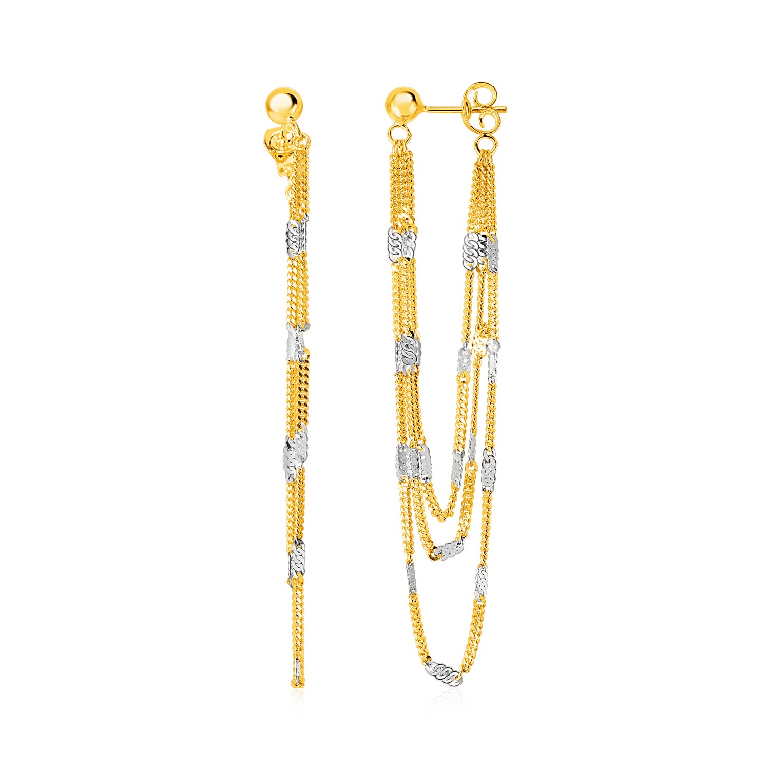 Hanging Chain Earrings with Rectangular Accents in 14k Yellow and White Gold