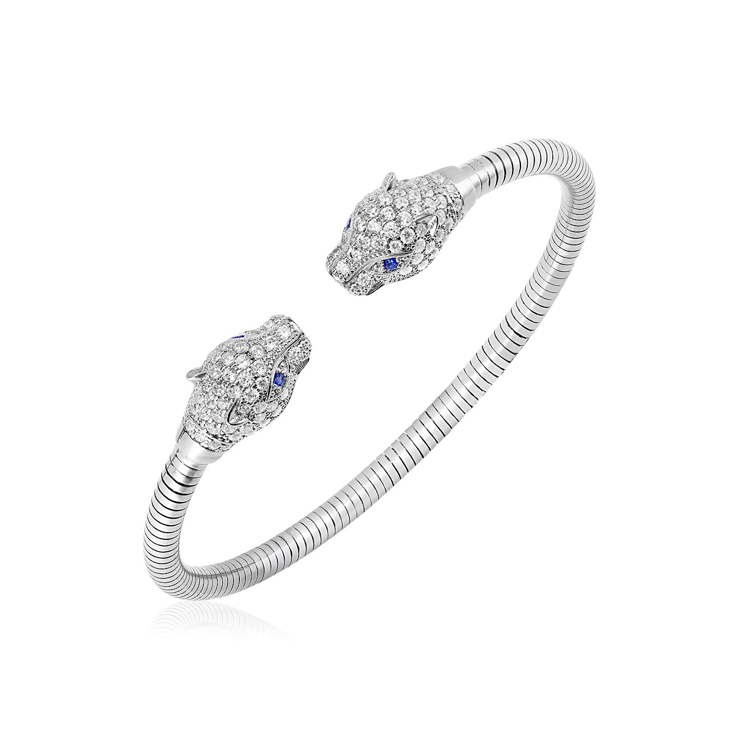 Sterling Silver Panther Head Cuff Bangle with White and Blue Cubic Zirconias