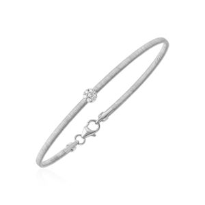 14k White Gold Bangle with Brushed Texture and Diamonds