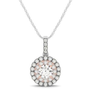 Round Shape Halo Diamond Pendant in 14k White and Rose Gold (1/2 cttw)