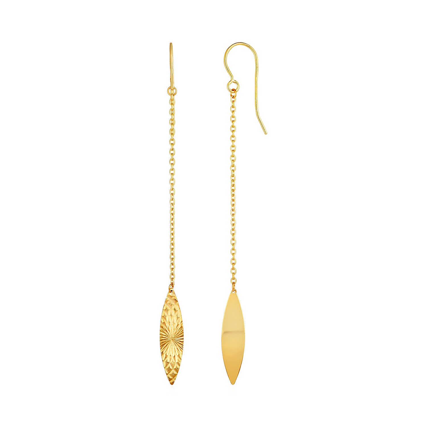 Textured Marquise Shaped Long Drop Earrings in 14k Yellow Gold