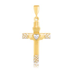 14k Two-Tone Gold Cross Pendant with a Claddagh Motif