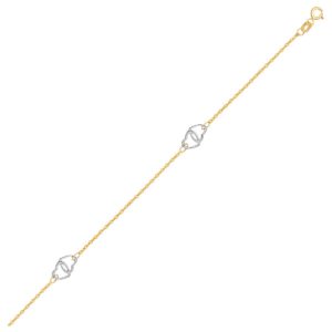 14k Two Tone Gold Entwined Heart Stationed Anklet