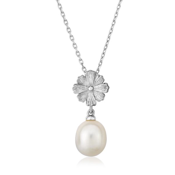 Sterling Silver Pendant with Flower and Freshwater Pearl Drop