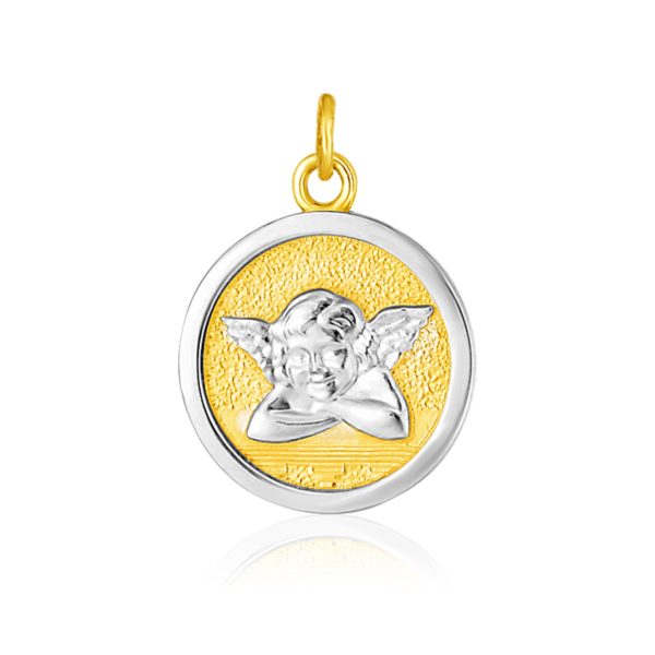 14k Two Tone Gold Round Angel Medal Pendant